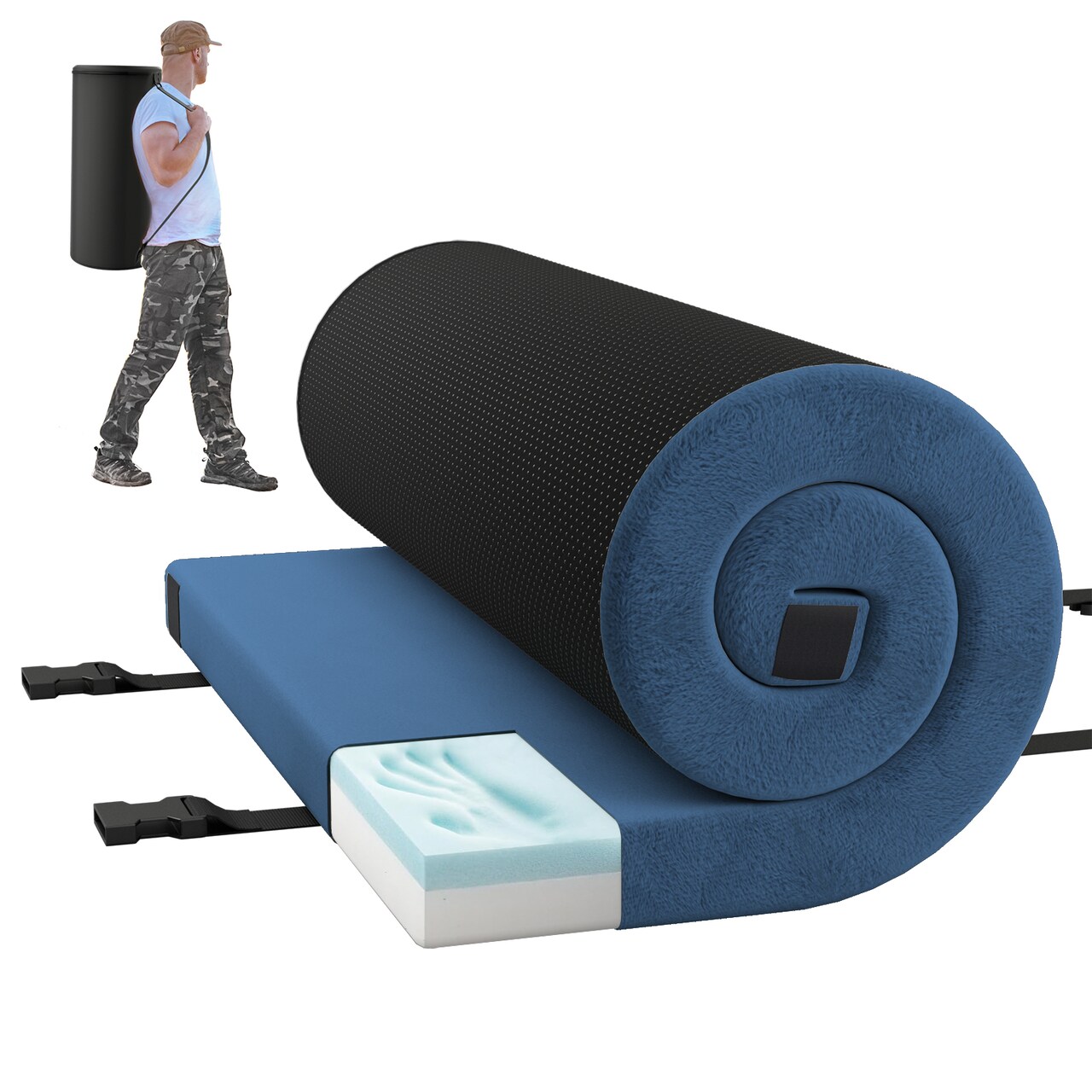 Memory Foam Outdoor Camping Mat Foldable Sleeping Pad with Waterproof Plush Cover and Carry Strap